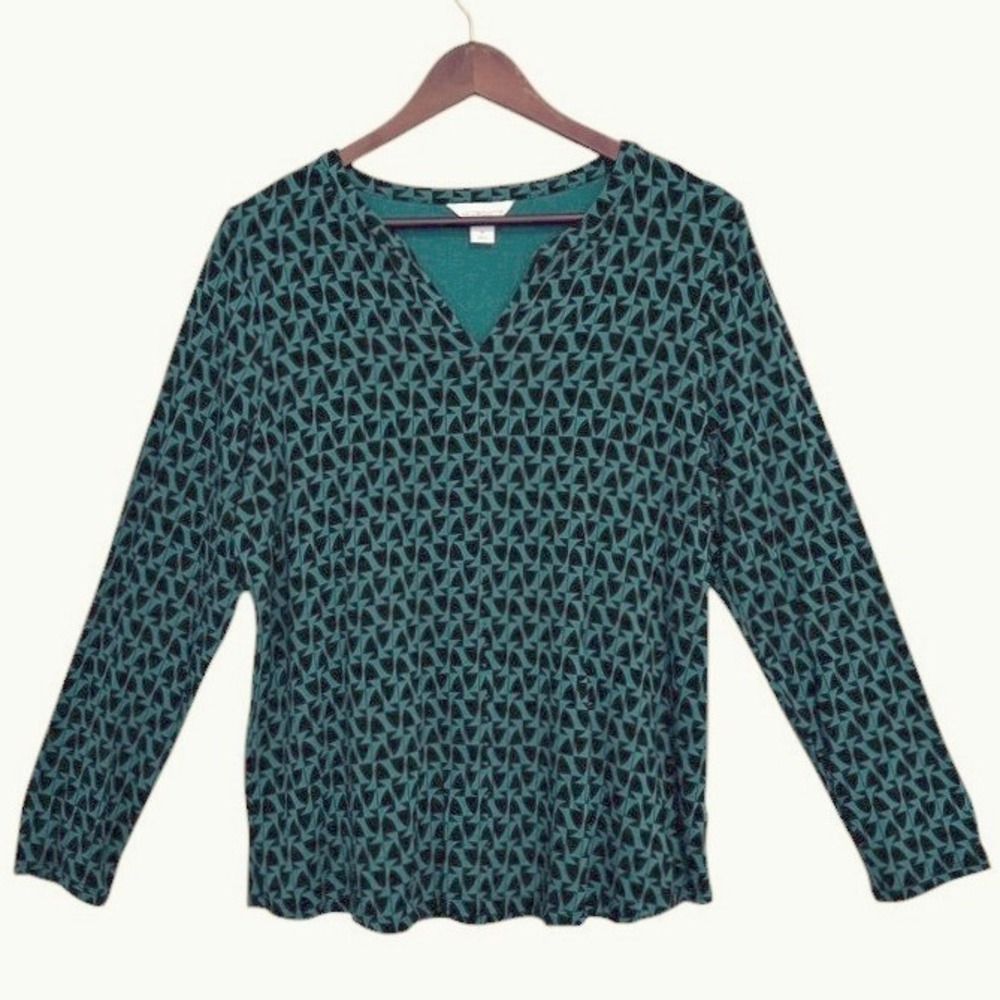 LizClaiborne Geometric Print Top Sz XL Teal Black V Neck Stretch Knit Top